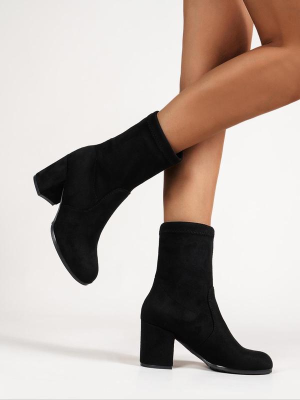 Fashionable Solid Color Thick High Heel Boots for Outfits, Elegant Style Round Toe Mid-calf Black Boots for Daily Life, Trendy  Sock Boots for Fall & Winter