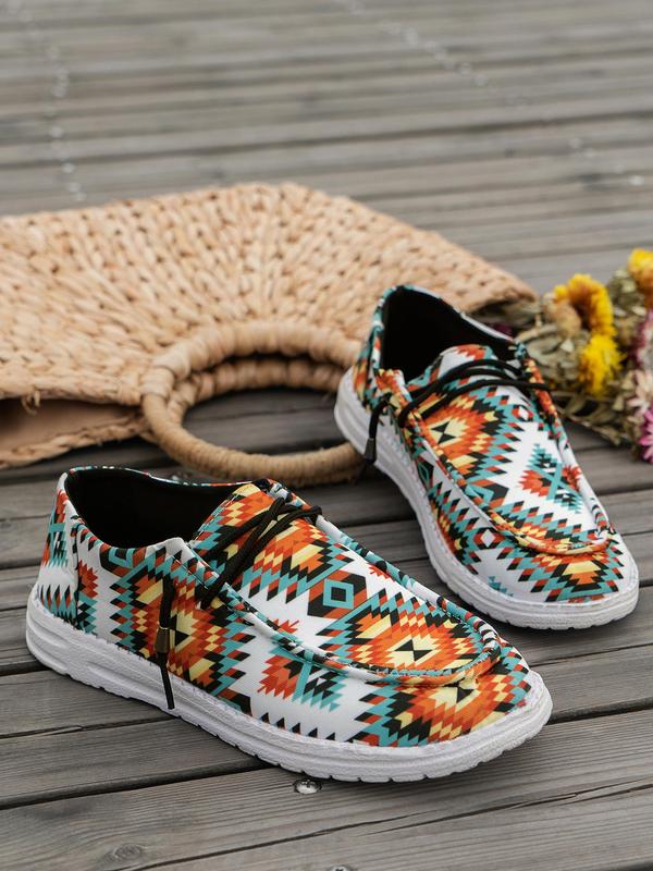 Women's 1 Pair Floral Print Lace up Low Top Sneakers, Casual Comfortable Round Toe Flat Shoes for Daily Wear, Boho Style All-match Sporty Shoes