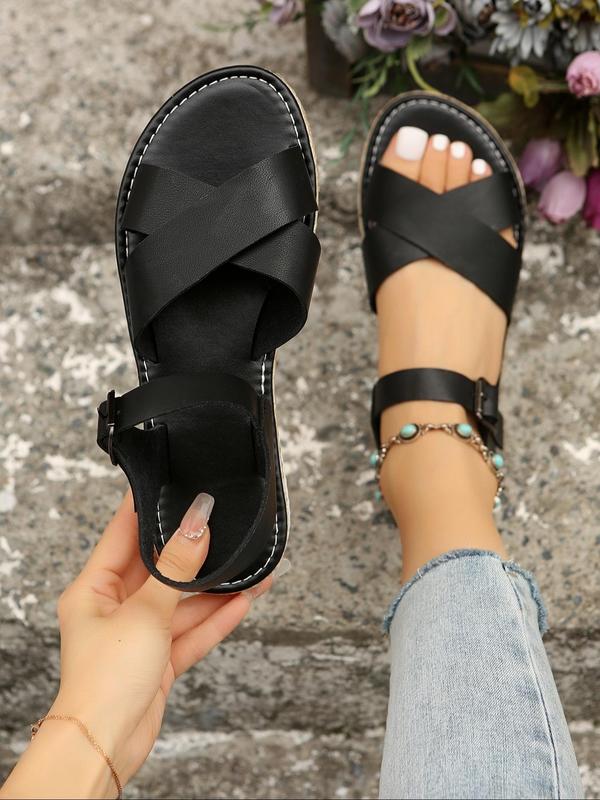 Women's Fashionable Plain Color Criss Cross Strap Flat Sandals, Casual Open Toe Sandals for Summer, All-match Commuter Shoes for Work & Daily Wear