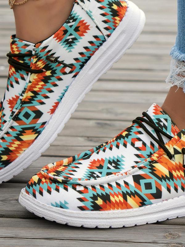 Women's 1 Pair Floral Print Lace up Low Top Sneakers, Casual Comfortable Round Toe Flat Shoes for Daily Wear, Boho Style All-match Sporty Shoes