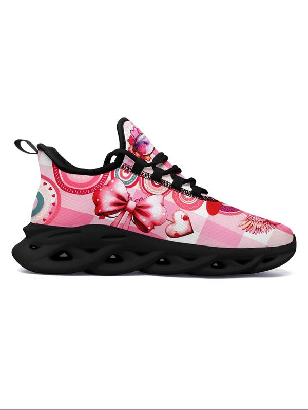 Women's Fashionable Plaid Printed Bow & Heart Pattern Blade Sole Sneakers, Casual Comfortable Breathable Sports Running Shoes, All-match Basic Shoes for Daily Wear