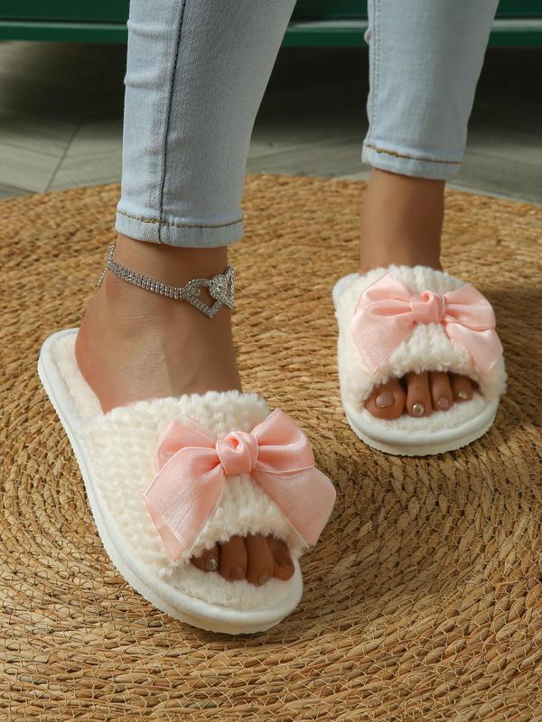 Women's Cute Bowknot Design Plush Slippers, Casual Soft Comfortable Home Slippers, Warm Slippers for Indoor & Outdoor Use for All Seasons