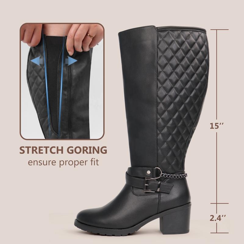 Women's Extra Wide Calf Block Heel Chic Chain Buckle Motorcycle Knee High Boots thigh  high