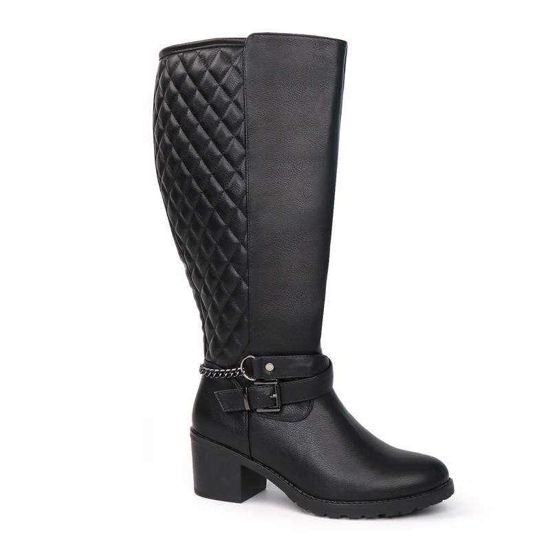 Women's Extra Wide Calf Block Heel Chic Chain Buckle Motorcycle Knee High Boots thigh  high