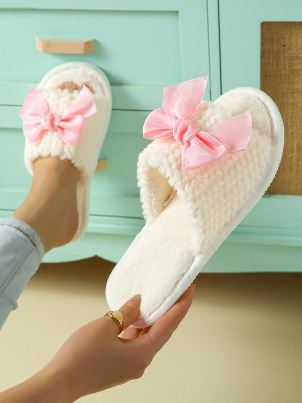 Women's Cute Bowknot Design Plush Slippers, Casual Soft Comfortable Home Slippers, Warm Slippers for Indoor & Outdoor Use for All Seasons