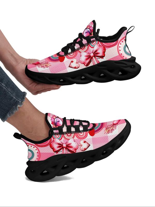 Women's Fashionable Plaid Printed Bow & Heart Pattern Blade Sole Sneakers, Casual Comfortable Breathable Sports Running Shoes, All-match Basic Shoes for Daily Wear