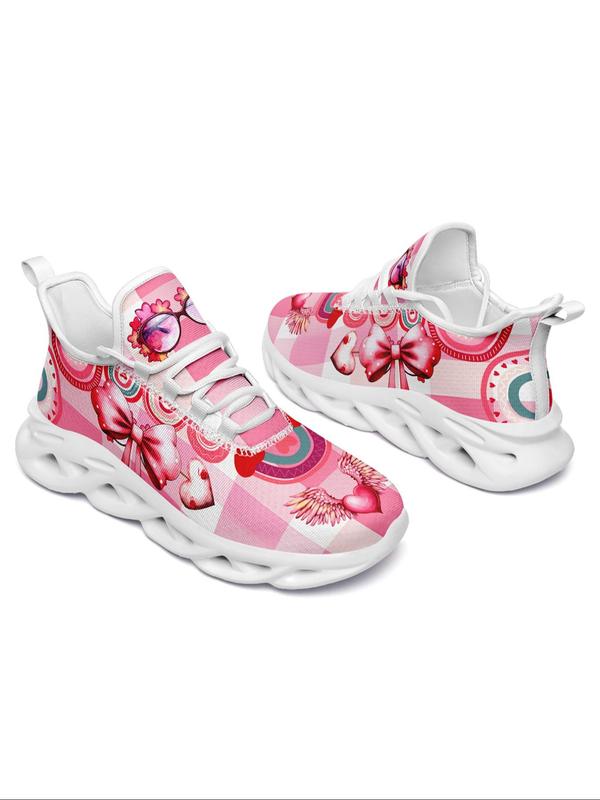 Women's Fashionable Plaid Printed Bow & Heart Pattern Blade Sole Sneakers, Casual Comfortable Breathable Sports Running Shoes, All-match Basic Shoes for Daily Wear