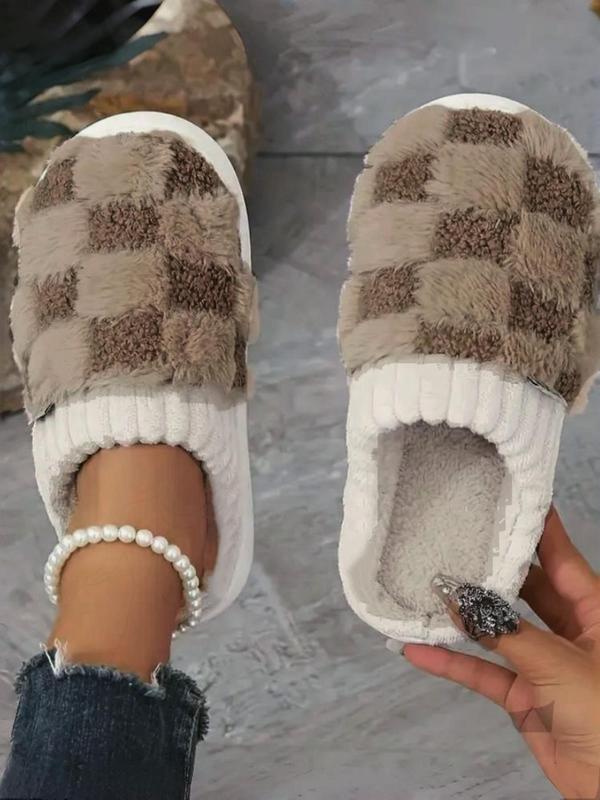 Women's Plain Plaid Pattern Plush Slippers, Casual Soft Comfortable Home Slippers, Warm Slippers for Indoor & Outdoor Use for Fall & Winter Fluffy Slippers