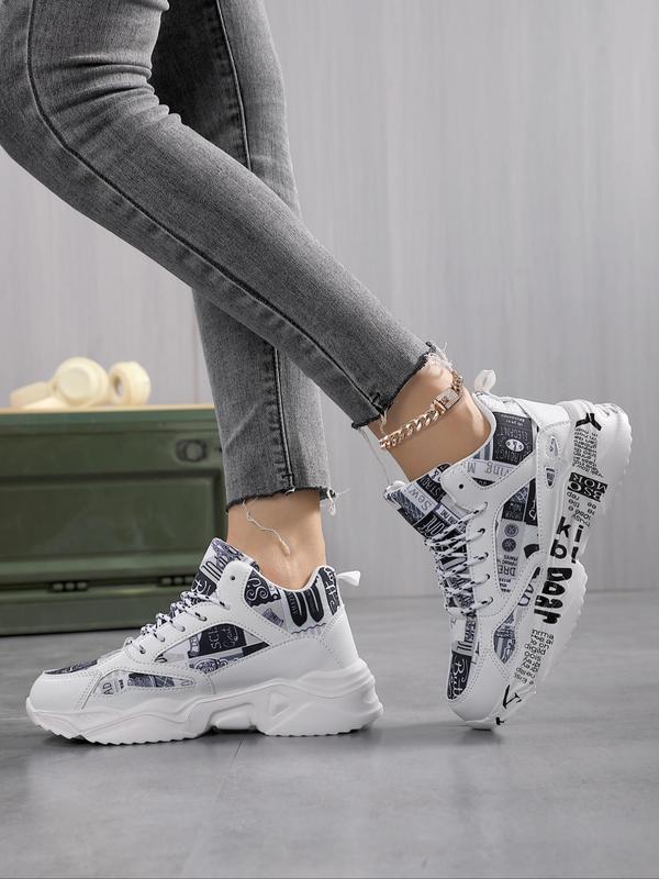 Women's Fashion Letter Pattern Sneakers, 1 Pair Casual Comfortable Lace up Front Platform Shoes for Outdoor Sports Running, Girl's Preppy Shoes for Daily Life