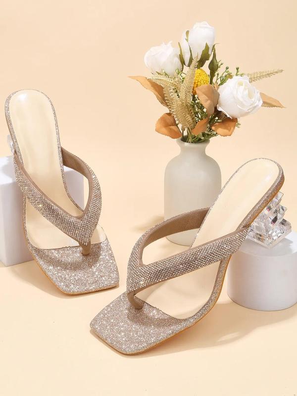 Women's Elegant Rhinestone Decorated Toe Thong Sandals, Exquisite Trendy High Heel Sandals, Fashionable Heeled Sandals for Summer