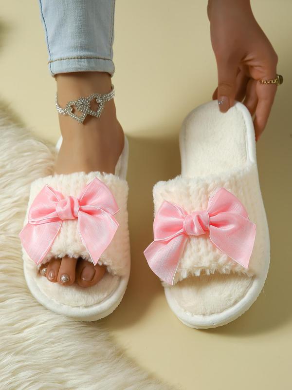 Women's Cute Bowknot Design Plush Slippers, Casual Soft Comfortable Home Slippers, Warm Slippers for Indoor & Outdoor Use for All Seasons