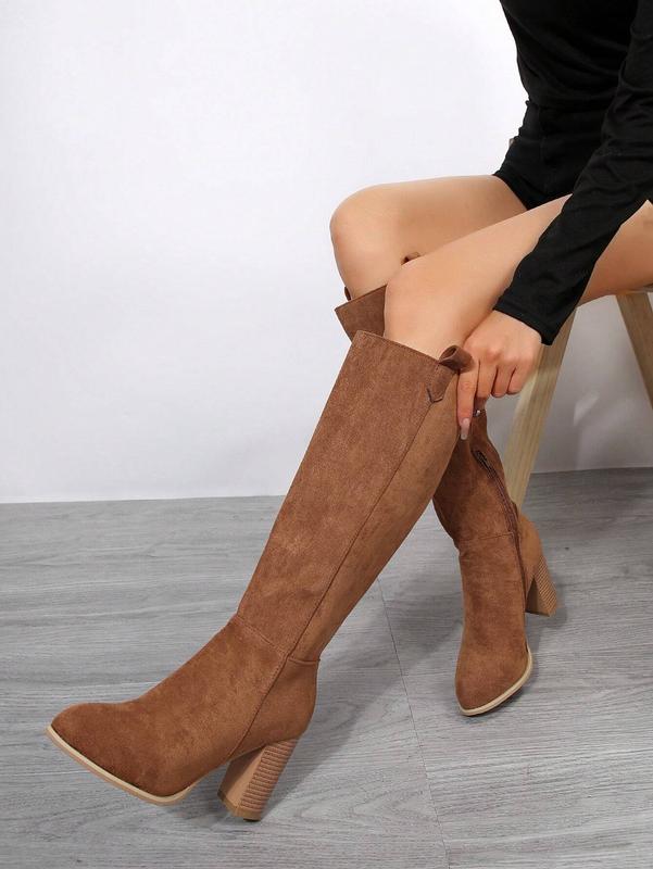 2024 Fall Winter Plus Size Imported Suede Chunky Heel Pointy Toe Side Zip Solid Color Knee High Boots For Women perfect fall