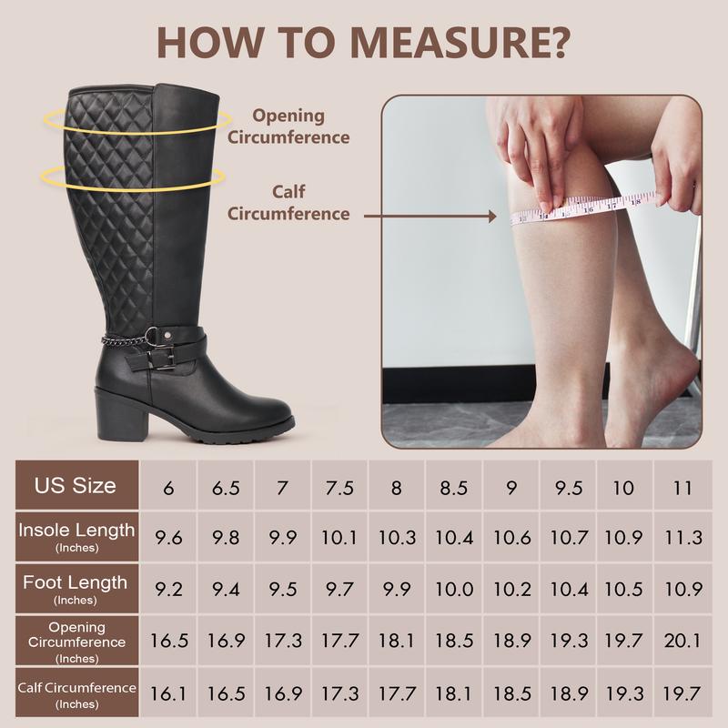 Women's Extra Wide Calf Block Heel Chic Chain Buckle Motorcycle Knee High Boots thigh  high