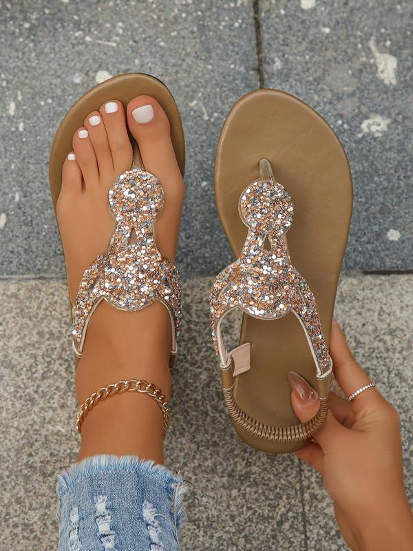 Women's Summer Elegant Sequin Decorated Flat Sandals, Comfort Fashionable Toe Thong Sandals for Girl, Lightweight Vacation Beach Sandals