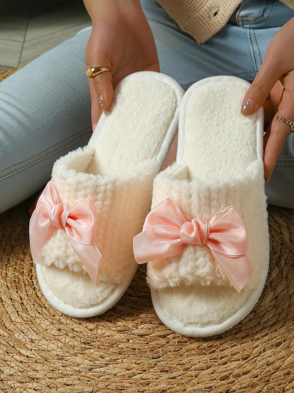 Women's Cute Bowknot Design Plush Slippers, Casual Soft Comfortable Home Slippers, Warm Slippers for Indoor & Outdoor Use for All Seasons