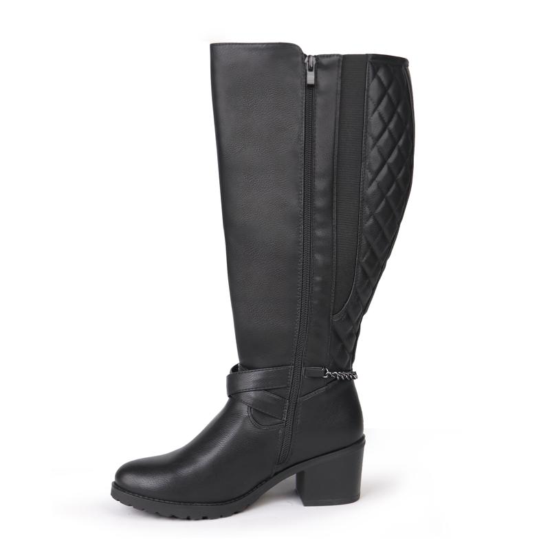 Women's Extra Wide Calf Block Heel Chic Chain Buckle Motorcycle Knee High Boots thigh  high