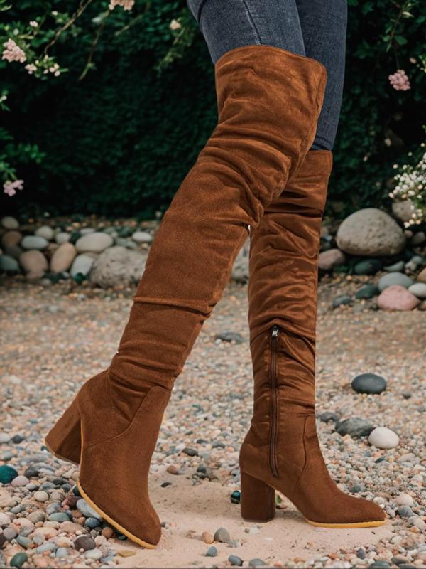 Women's Solid Color Side Zip Over The Knee Boots, Fashionable Pointed Toe Slouchy Boots for Daily Wear, Female All-match Trendy Shoes for Fall & Winter