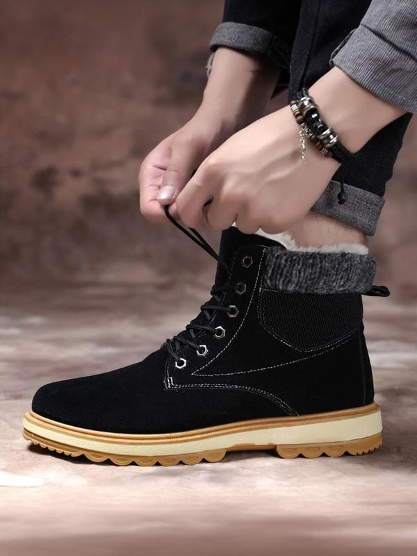 Men's Solid Color Lace Up Ankle Boots, Casual Comfortable Warm Snow Boots for Outdoor, Male All-match Round Toe Shoes for Daily Wear