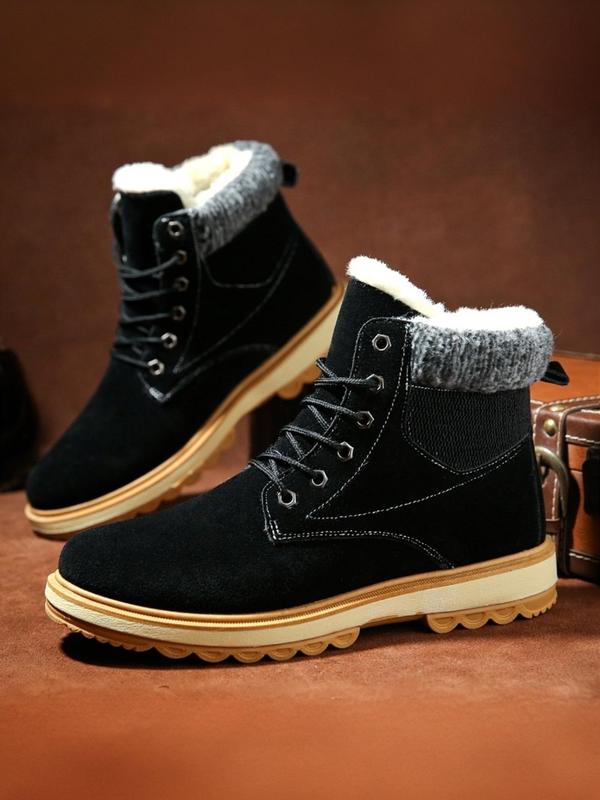 Men's Solid Color Lace Up Ankle Boots, Casual Comfortable Warm Snow Boots for Outdoor, Male All-match Round Toe Shoes for Daily Wear