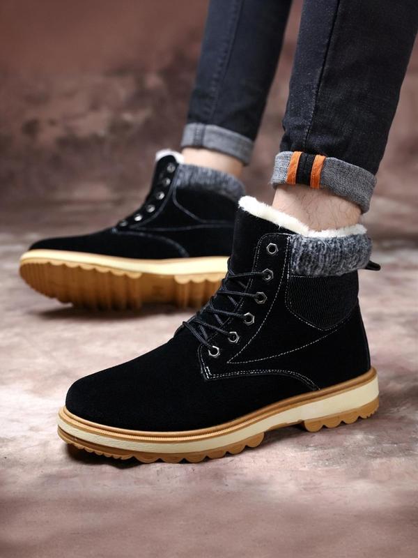 Men's Solid Color Lace Up Ankle Boots, Casual Comfortable Warm Snow Boots for Outdoor, Male All-match Round Toe Shoes for Daily Wear