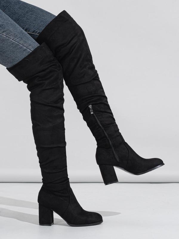 Women's Solid Color Side Zip Over The Knee Boots, Fashionable Pointed Toe Slouchy Boots for Daily Wear, Female All-match Trendy Shoes for Fall & Winter