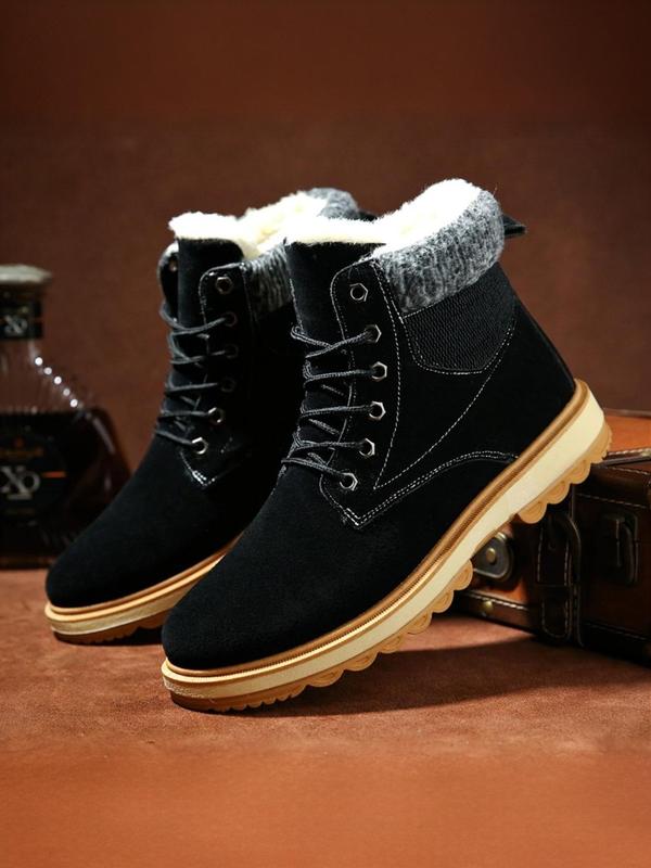 Men's Solid Color Lace Up Ankle Boots, Casual Comfortable Warm Snow Boots for Outdoor, Male All-match Round Toe Shoes for Daily Wear