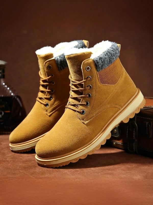 Men's Solid Color Lace Up Ankle Boots, Casual Comfortable Warm Snow Boots for Outdoor, Male All-match Round Toe Shoes for Daily Wear