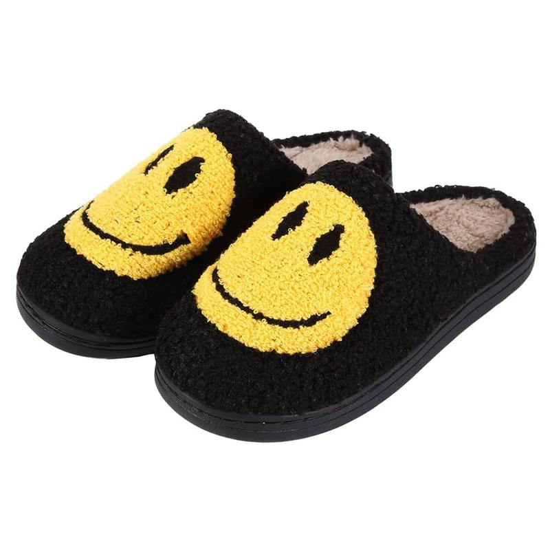 1 Pair Of Smile Face Slippers For Male, Retro Comfy Warm Soft Fuzzy Plush Slip-On House Shoes Funny Cute Happy Smile Home Winter Warmies Pillow Cloud Memory Foam Fluffy Slipper For Indoor & Outdoor