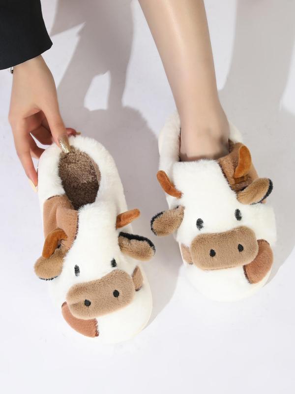 Women's Cute Cartoon Cow Slippers, Warm Thick Bottom Bedroom Home Slippers, Casual Wide Band Soft Plush Lining Platform Slippers for Fall & Winter