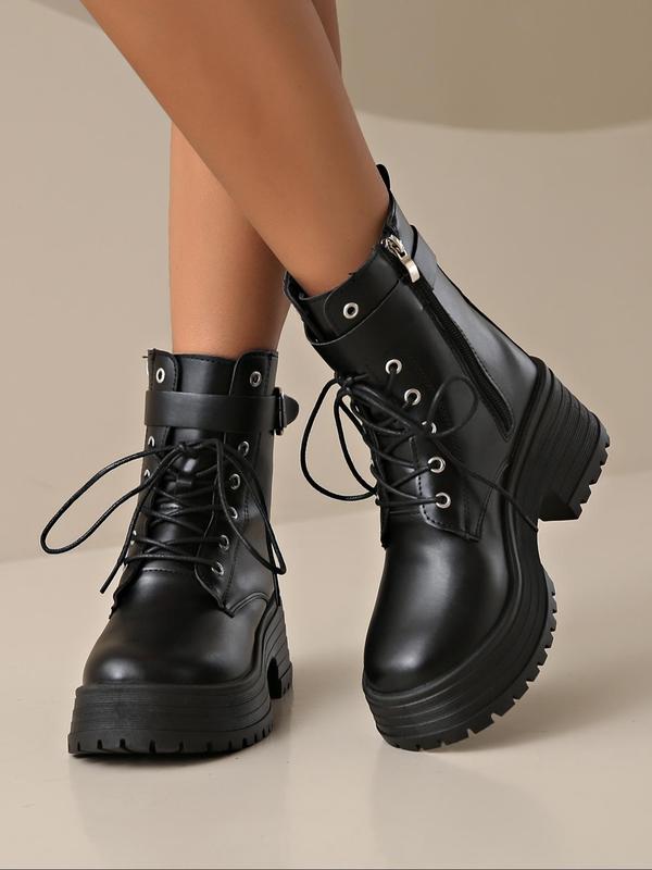 Women's Fashionable Lace Up Front Platform Boots, Casual Comfortable Zipper Design Boots for Daily Wear, Female All-match Trend Shoes for Fall & Winter, Black Girl Outfits Boots For Women