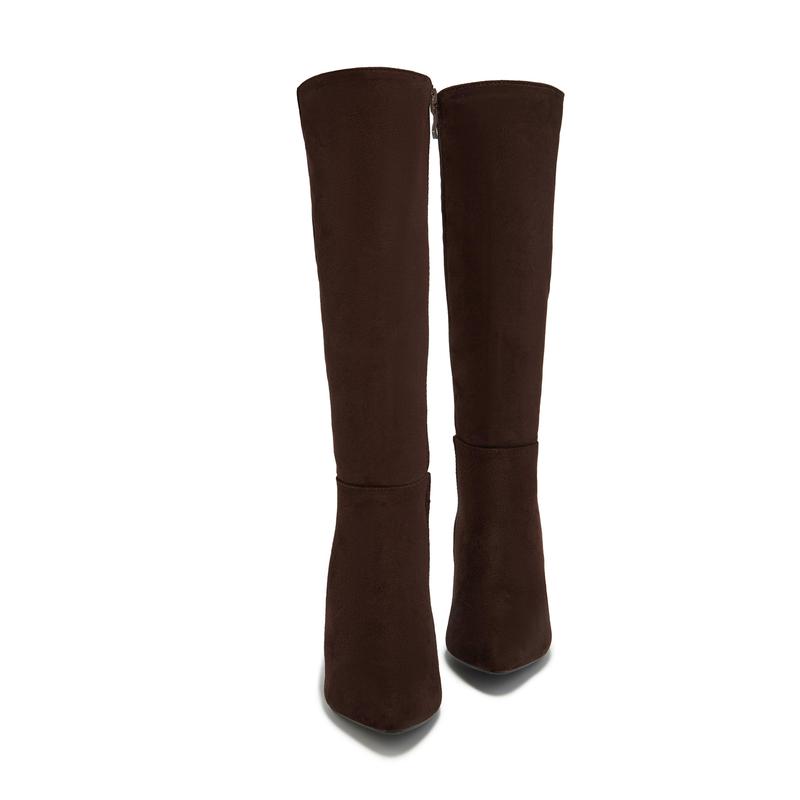 Fine Time Block Heel Knee High Boots - Brown Suede