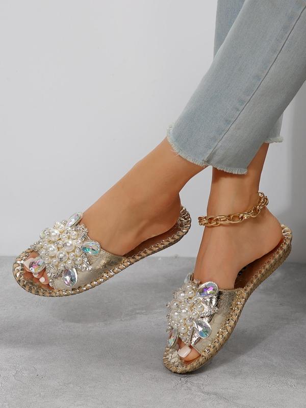 Women's Faux Pearl & Rhinestone Decorated Slide Sandals, Casual Open Toe Summer Shoes, Walking Shoes Slide Cute 2024 Slippers Back To School