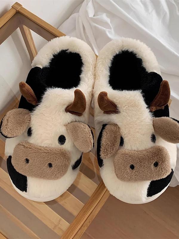 Women's Cute Cartoon Cow Slippers, Warm Thick Bottom Bedroom Home Slippers, Casual Wide Band Soft Plush Lining Platform Slippers for Fall & Winter