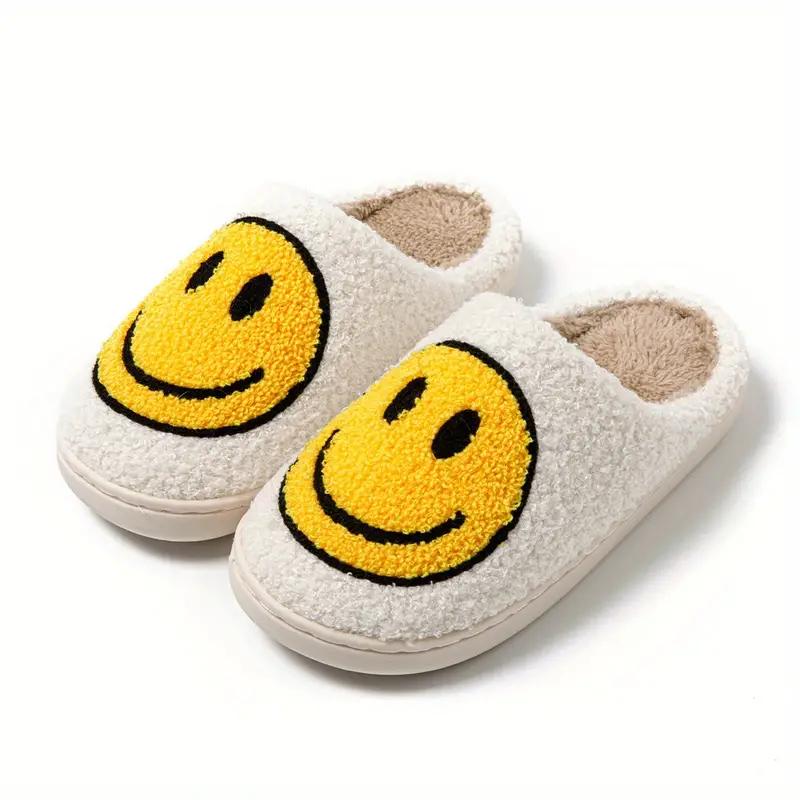 1 Pair Of Smile Face Slippers For Male, Retro Comfy Warm Soft Fuzzy Plush Slip-On House Shoes Funny Cute Happy Smile Home Winter Warmies Pillow Cloud Memory Foam Fluffy Slipper For Indoor & Outdoor