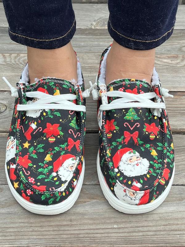 Women's Christmas Print Lace Up Low Top Sneakers, Casual Comfortable Warm Home Slippers for Fall & Winter, Female All-match Round Toe Shoes for Daily Wear