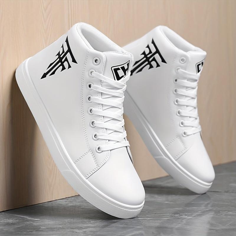 Men's trendy faux leather upper high top skate shoes, lace up comfy casual shoes for All Seasons outdoor street walking-Spring Autumn Closed Training