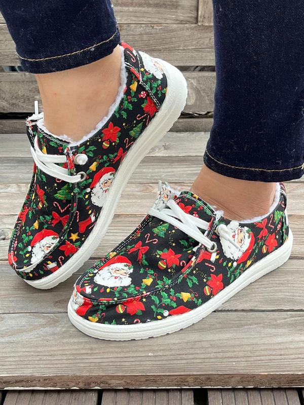 Women's Christmas Print Lace Up Low Top Sneakers, Casual Comfortable Warm Home Slippers for Fall & Winter, Female All-match Round Toe Shoes for Daily Wear