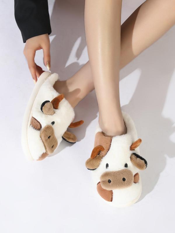 Women's Cute Cartoon Cow Slippers, Warm Thick Bottom Bedroom Home Slippers, Casual Wide Band Soft Plush Lining Platform Slippers for Fall & Winter