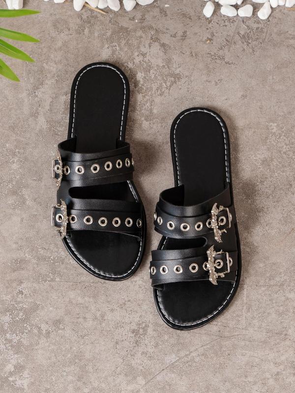 Women's Fashionable Grommet Eyelet Design Slippers, Buckle Decor Slide Sandals, Casual Comfortable Flat Sandals for Summer, Non-slip Slippers for Indoor & Outdoor Wear