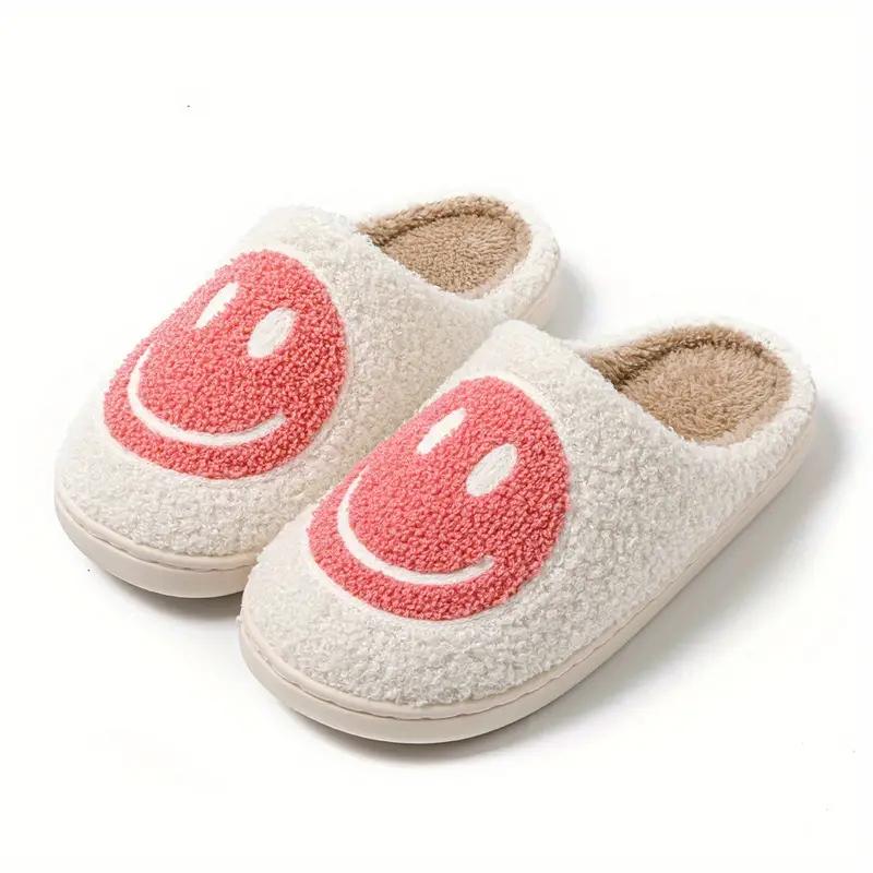 1 Pair Of Smile Face Slippers For Male, Retro Comfy Warm Soft Fuzzy Plush Slip-On House Shoes Funny Cute Happy Smile Home Winter Warmies Pillow Cloud Memory Foam Fluffy Slipper For Indoor & Outdoor