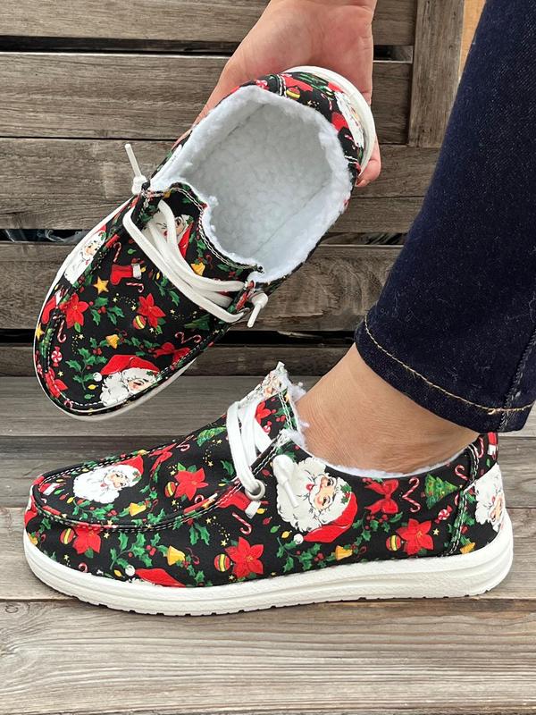 Women's Christmas Print Lace Up Low Top Sneakers, Casual Comfortable Warm Home Slippers for Fall & Winter, Female All-match Round Toe Shoes for Daily Wear