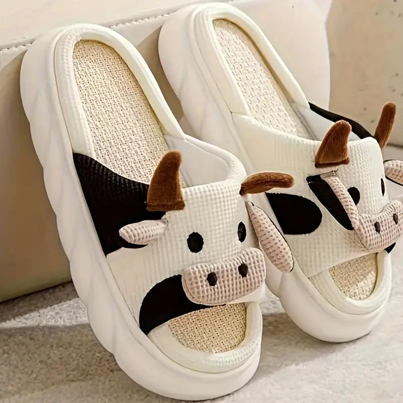 Women's Cow Design Plush Slippers - Cozy Winter Fabric Indoor Slippers with EVA Sole, Flax Insole, Cartoon Pattern - Professional Dry Clean or Washable Warm Soft Footwear for Autumn and Winter