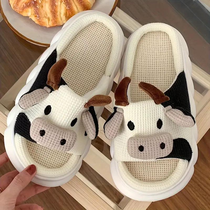 Women's Cow Design Plush Slippers - Cozy Winter Fabric Indoor Slippers with EVA Sole, Flax Insole, Cartoon Pattern - Professional Dry Clean or Washable Warm Soft Footwear for Autumn and Winter