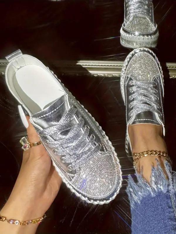 Women's Glitter Decorated Low Top Sneakers, Summer 2024 New Style Casual Comfortable Lace up Flat Shoes, Female Round Toe Shoes for Daily Wear