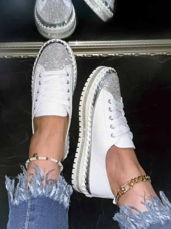 Women's Glitter Decorated Low Top Sneakers, Summer 2024 New Style Casual Comfortable Lace up Flat Shoes, Female Round Toe Shoes for Daily Wear