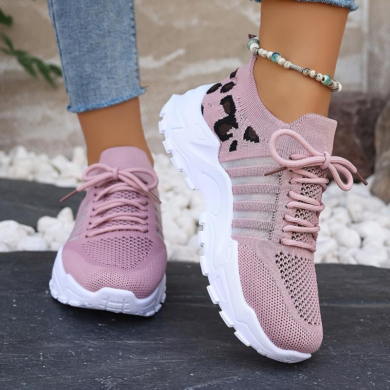 Women's Casual Sports Shoes, Flying Woven Leopard Print Breathable Lace-up Running Shoes, Comfortable Platform Shoes Plus Size