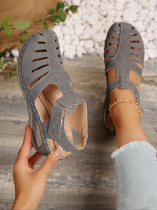 Women's Fashionable Hollow Out Design Velcro Sandals, Casual Comfortable Wedge Sandals for Summer, Female All-match Round Toe Shoes for Daily Wear