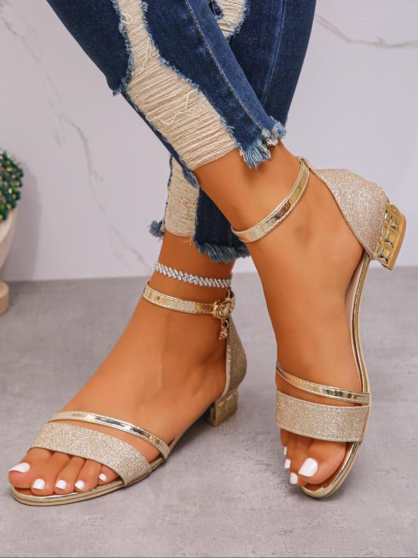 Minimalist Temperament Rhinestone Decor Buckle Round Toe Heeled Sandals, New Fashion Decorative Heeled Designer Sandals for Summer