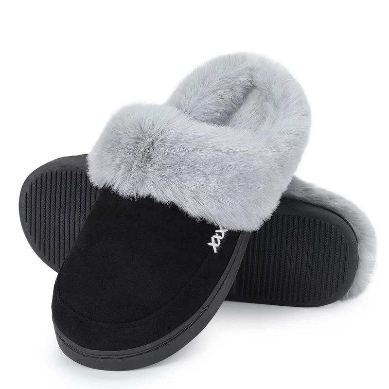 NineCiFun Women's and Men's Suede House Slippers Slip on Fuzzy Slippers with Faux Fur Lining Indoor Outdoor Home Shoes with Rubber Sole