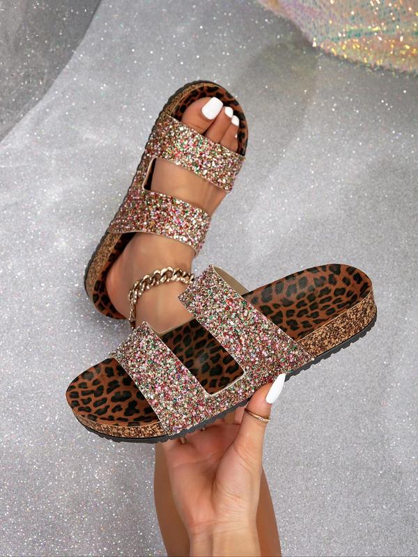 Women's Fashionable Leopard Pattern Glitter Decorated Slide Sandals, Casual Comfortable Sandals for Summer, Lightweight Breathable Shoes for Daily Wear